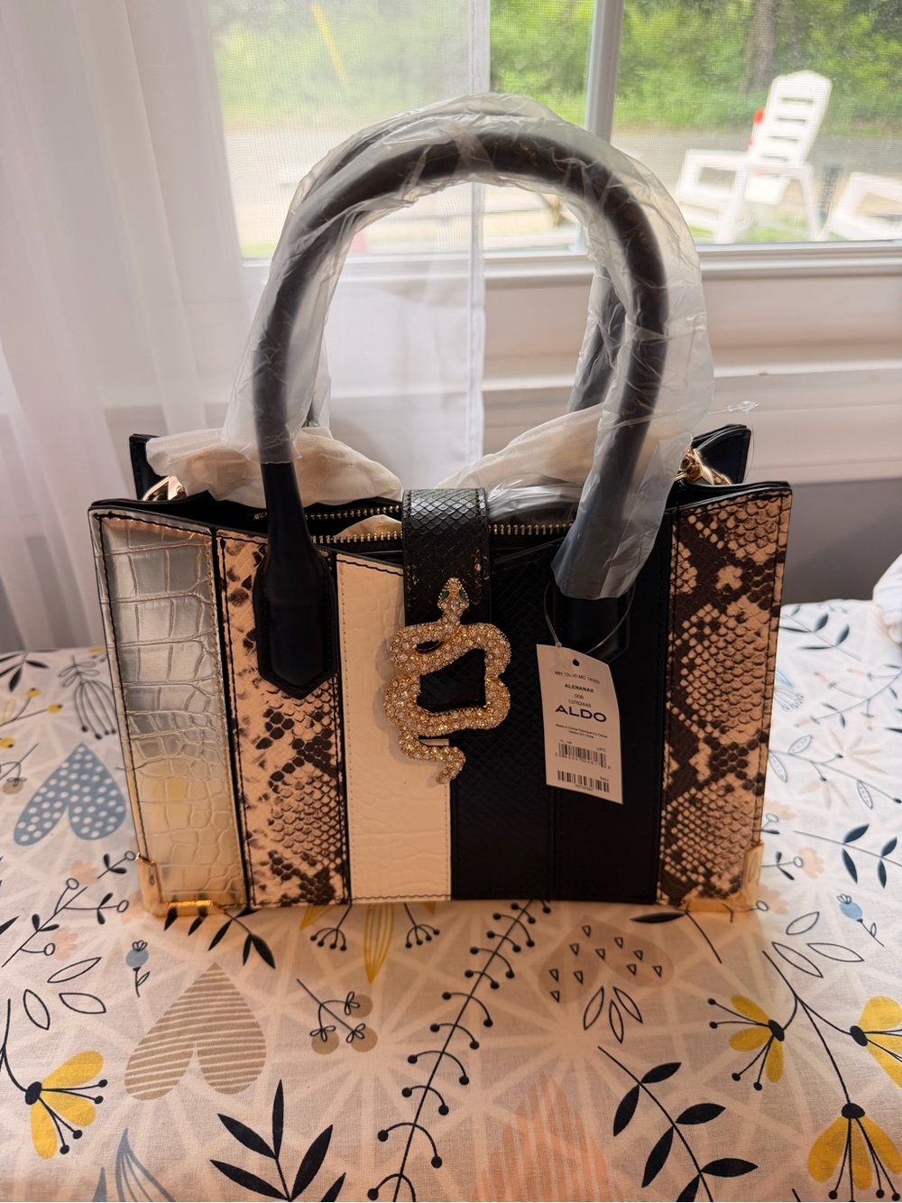 ALDO Black, Cream & Gold Panelled Satchel with Crystal Snake Accent
